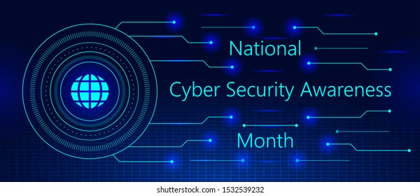 National Cyber Security Awareness Month (NCSAM) Is Observed In October In USA. Hud Elements, Global Icon, Sparkles. Grid, Fluid Concept Vector Are Shown On Ultraviolet Background For Banner, Website.