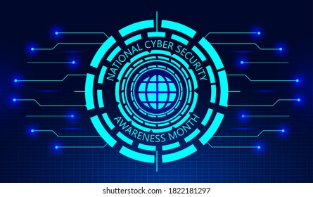 National Cyber Security Awareness Month concept vector. It is observed in October in USA. Hud elements, global icon, concept vector are shown on ultraviolet background for banner, website.