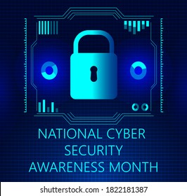 National Cyber Security Awareness Month concept vector. It is observed in October in USA. Hud elements, lock icon, concept vector are shown on ultraviolet background for banner, website.