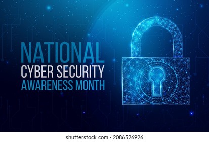 National Cyber Security Awareness Month. Wireframe Polygonal Shield With Globe Map. Cyber Security, World Protection Concept With Glowing Low Poly Guard. Futuristic Abstract Vector Illustration.