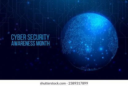 National Cyber Security Awareness Month. Cyber security, world protection concept with globe map. Futuristic abstract vector illustration.
