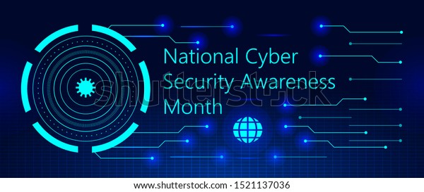 National Cyber\
Security Awareness Month (NCSAM) is observed in October in USA. Hud\
elements, globale icon, concept vector are shown on ultaviolet\
background for banner,\
website.