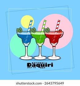 Dia Nacional do Daiquiri para comemorar em 19 de julho. Três copos de Daiquiri bebidas com sabores diferentes no fundo azul céu. Banner do evento Drink.