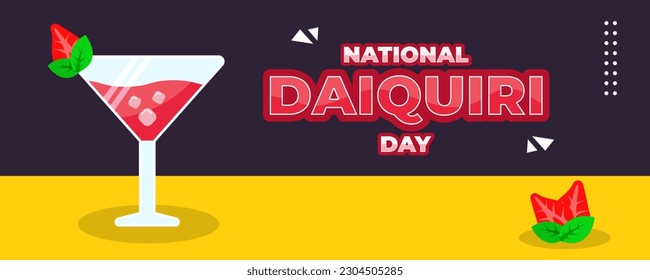 National Daiquiri Day on 19 July Banner Background. Red Wine With Strawberry and Ice Cube Concept. Horizontal Banner Template Design. Vector Illustration