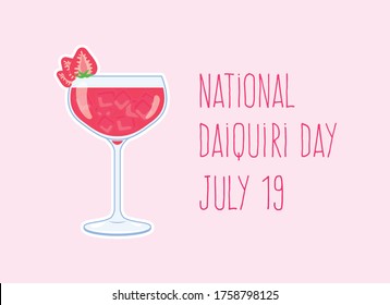 National Daiquiri Day vector. Daiquiri drink with strawberries vector. Alcoholic cocktail icon vector. Glass of strawberry daiquiri vector. Pink strawberry drink icon. Daiquiri Day Poster, July 19