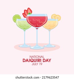 National Daiquiri Day vector. Strawberry, lime and banana drink icon set vector. Set of alcoholic daiquiri cocktails vector. July 19. Important day