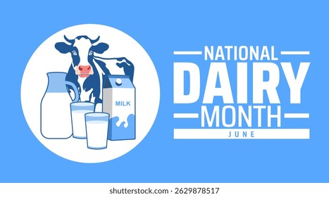 Fundo ou Banner do Mês Nacional do Leite. Celebração de junho de Leite, vaca e Produtos Láteos. Farm Fresh Illustration. Conceito de férias. Usado para qualquer modelo, cartão, cartaz, cartaz, modelo.