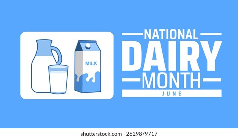 Fundo ou Banner do Mês Nacional do Leite. Celebração de junho do Leite e dos Produtos Láteos. Farm Fresh Illustration. Conceito de férias. Usado para qualquer modelo, cartão, cartaz, cartaz, modelo.