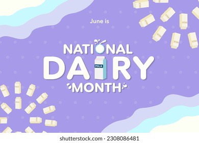 National Dairy Month, celebrated on June. Illustration of Milk carton and glass of milk. Milk carton pattern, National Dairy month typographic design poster. Vector Illustration.