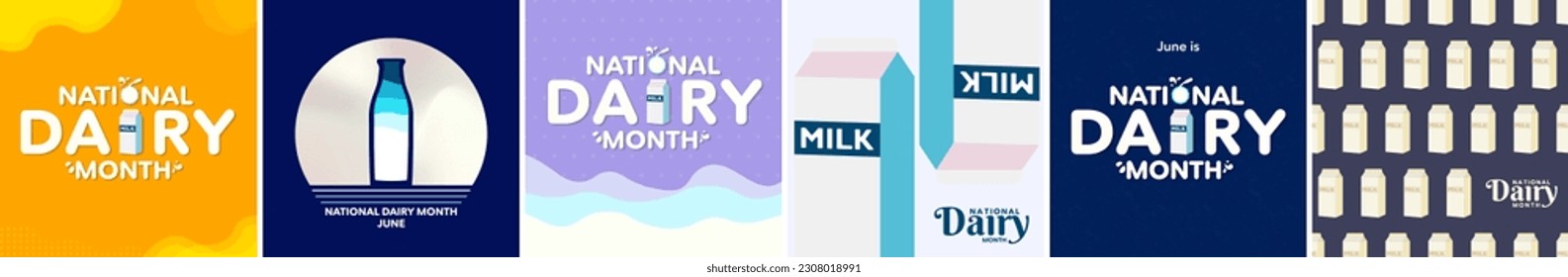 National Dairy Month Poster Set, celebrated on June. Illustration of Milk carton and glass of milk. Milk carton pattern, National Dairy month typographic design poster. Vector Illustration.