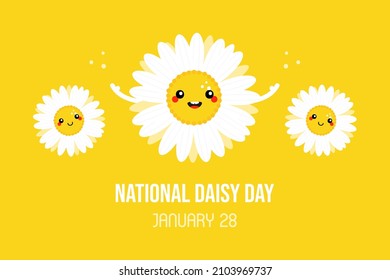 National Daisy Day vector cartoon greeting card, illustration with daisy, camomile flower characters. January 28.
