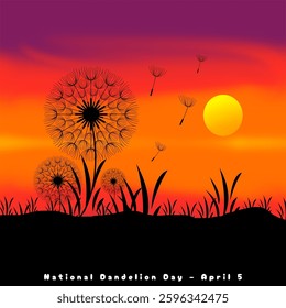 National Dandelion Day to celebrate on April 5th. Illustration of dandelion flowers with grass at sunset.