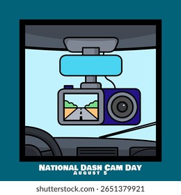 Dia Nacional Dash Cam para comemorar em 5 de agosto. Ilustração de um dispositivo de gravação de imagens pendurado dentro de um carro.