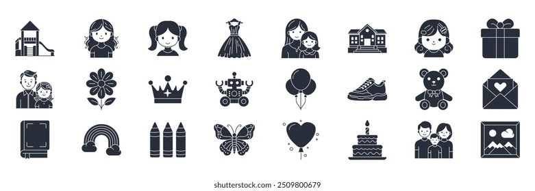 Conjunto de ícones do Dia da Filha Nacional, Ícones incluídos como Baby Girl, Crayon, Arco-íris, Flor e mais coleção de símbolos, ilustração isolada do vetor do logotipo