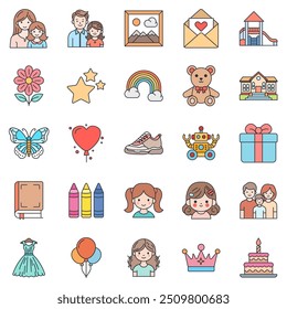 National Daughter Day icons set, Included icons as Baby Girl, Crayon, Rainbow, Flower and more symbols collection, logo isolated vector illustration
