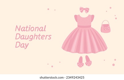 National Daughters Day. Pink dress, shoes and accessories for the girl. Vector flat illustration, banner.