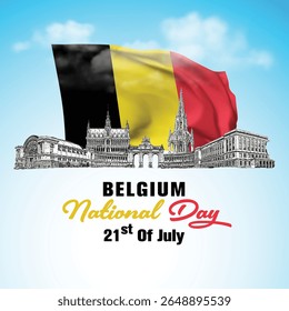 Dia Nacional 21 de julho com Bandeira da Bélgica. Bélgica Modelo de ilustração vetorial de dia nacional para web, banner, folheto, cartaz.