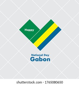 National Day Card Template with Heart Shaped Flag : Gabon Flag : Vector Illustration