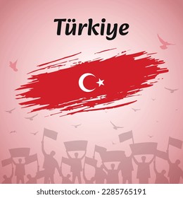 Celebración del Día Nacional de Türkiye. Diseño patriótico con bandera, aves y manifestantes. Perfecto para el Día de la República, Día de la Victoria, Día de la Unidad. Ilustración vectorial versátil para medios sociales, carteles, tarjetas.