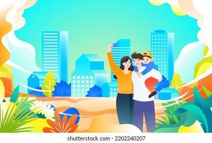 National day characters travel and travel outdoors, city landmarks, vector illustration