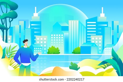 National day characters travel and travel outdoors, city landmarks, vector illustration