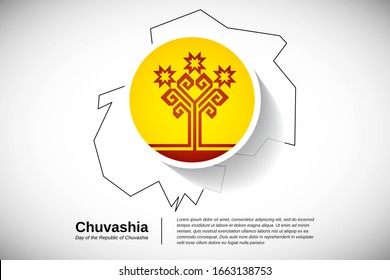 Día Nacional de Chuvashia. Fiesta nacional creativa de Chuvashia con elementos de diseño de mapas y bandera del país en círculo. Tarjeta de felicitación moderna, ilustración vectorial banner.