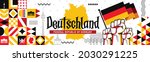 National day of Deutschland Germany banner with retro abstract geometric shapes, berlin landscape landmarks. German flag and map. Red yellow black colors scheme. German Unity Day. Vector Illustration