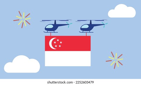 National Day, Flag hanging on helicopter with firework