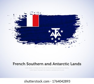 National day of French Southern and Antarctic Lands country. Abstract flag in shape of paint brush stroke with shiny colored background