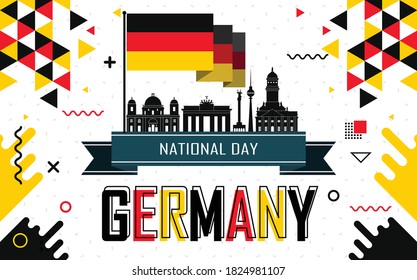 National day of germany banner with retro abstract geometric shapes & berlin landscape landmarks. German flag and red yellow black colors scheme. German Unity Day.