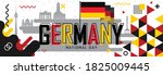 National day of Germany or Deutschland banner with retro abstract geometric shapes & berlin landscape landmarks. German flag and red yellow black colors scheme. German Unity Day. Vector Illustration