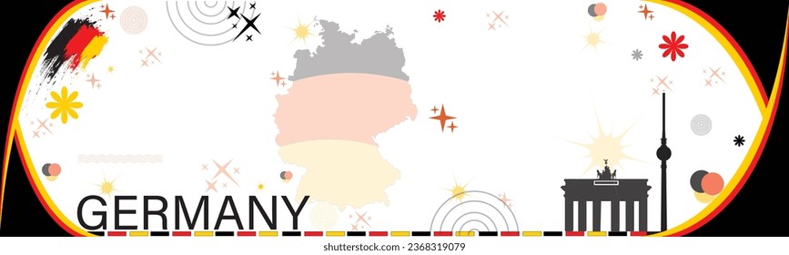 National day of Germany or Deutschland banner. German flag and red yellow black colors Vector Illustration, German Unity Day. Banner with geometric shapes and abstract retro berlin landscape landmarks