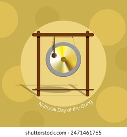 National Day of the Gong event banner. A large Gong hanging from a wooden frame on light brown background to celebrate on June 21st