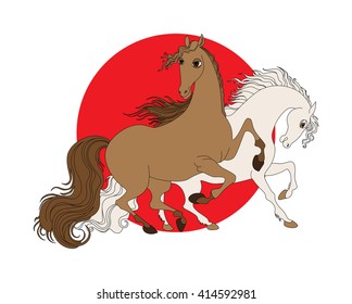 National Day of the horse in Japan. isolated vector illustration with two horses on a background of a red circle. Japan flag. 