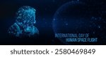 National day of human space flight concept. Futuristic modern abstract planet and astronaut on blue background. Vector illustration.