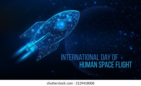 National day of human space flight concept. Futuristic modern abstract rocket and planet on blue background. Vector illustration.