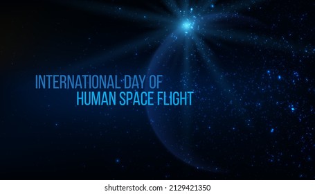 National day of human space flight concept. Futuristic modern abstract planet on blue background. Vector illustration.