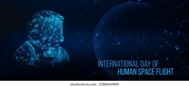 National day of human space flight concept. Futuristic modern abstract planet and astronaut on blue background. Vector illustration.