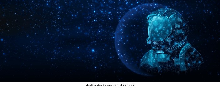 National day of human space flight concept. Futuristic modern abstract planet on blue background. Vector illustration.