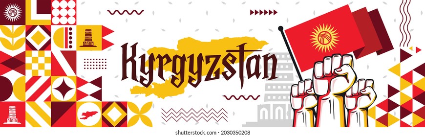 National day of Kyrgyzstan banner with retro abstract geometric shapes. Kyrgyzstan flag and map. Red yellow colors scheme with raised hands or fists. Vector Illustration