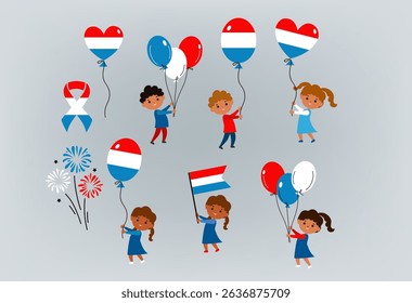 National Day in Luxembourg. Icons set. Balloons, garland, firework, flag national colors. Little children boys and girls. Vector cartoon illustration for greeting card, banner, poster.	
