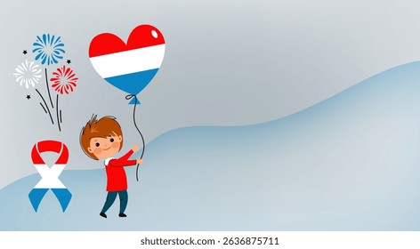 National Day in Luxembourg. Icons set. Balloons, garland, firework, flag national colors. Little children boys and girls. Vector cartoon illustration for greeting card, banner, poster.	
