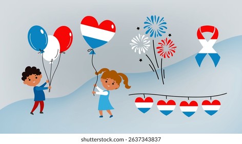 National Day in Luxembourg. Icons set. Balloons, garland, firework, flag national colors. Little children boys and girls. Vector cartoon illustration for greeting card, banner, poster.	
