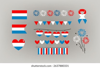 National Day in Luxembourg. Icons set. Balloons, garland, firework, flag national colors. Little children boys and girls. Vector cartoon illustration for greeting card, banner, poster.	
