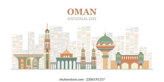 National day of Oman. Eastern urban architecture, muscat skyline. Traditional holiday and festival, culture. Tourism and travel. Patriotism and freedom. Cartoon flat vector illustration