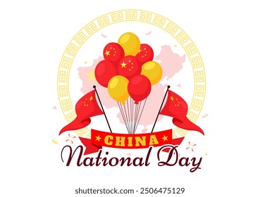 National Day of the People's Republic of China Vector Illustration for October 1st featuring a Waving Flag and Asian Elements in a Flat Red Background