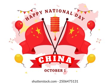 Día Nacional de las Personas República de China Ilustración vectorial para el 1 de octubre con una bandera ondeando y Elementos asiáticos en un fondo rojo plano