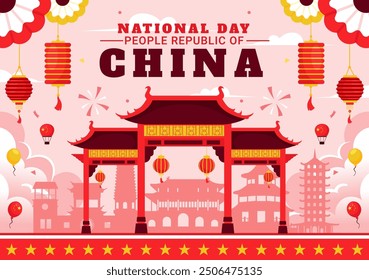 National Day of the People's Republic of China Vector Illustration for October 1st featuring a Waving Flag and Asian Elements in a Flat Red Background