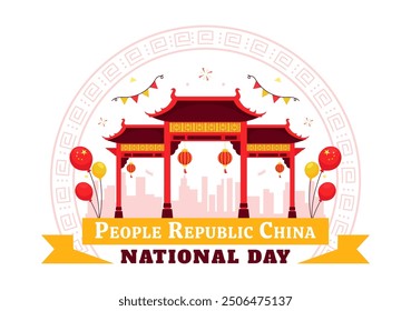 National Day of the People's Republic of China Vector Illustration for October 1st featuring a Waving Flag and Asian Elements in a Flat Red Background