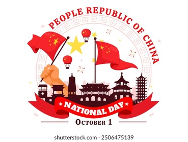 Nationalfeiertag der Volksrepublik China Vektorgrafik für den 1. Oktober mit einer wehenden Flagge und asiatischen Elementen auf flachrotem Hintergrund